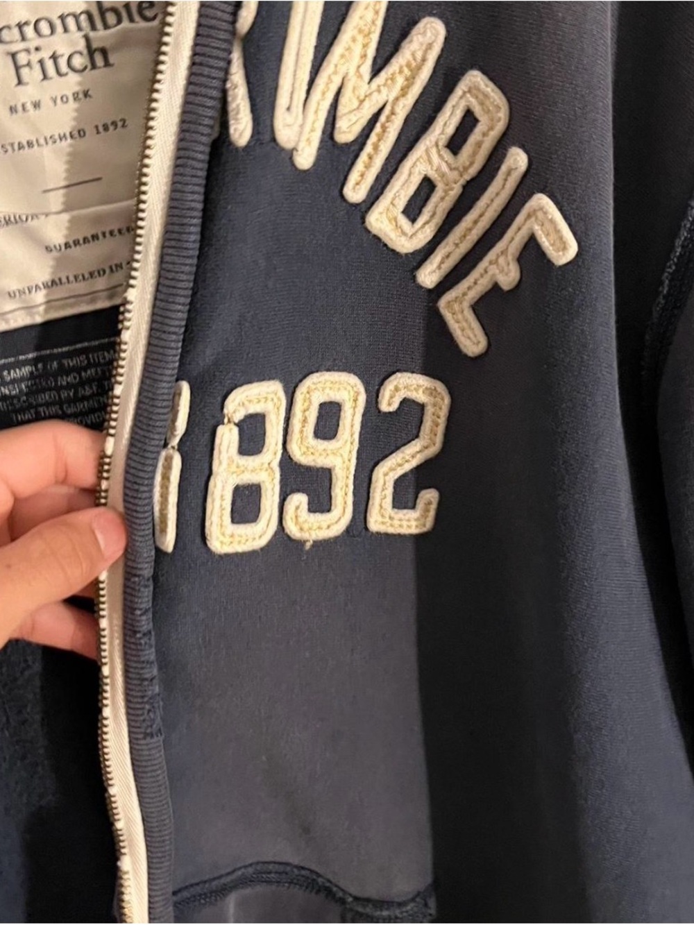 Abercrombie & Fitch Navy Zip Front Varsity Jacket with Cream Appliqué